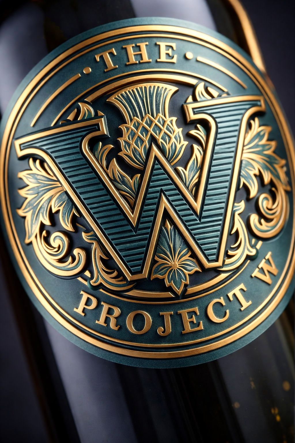 The Project W gold emblem on a whisky bottle